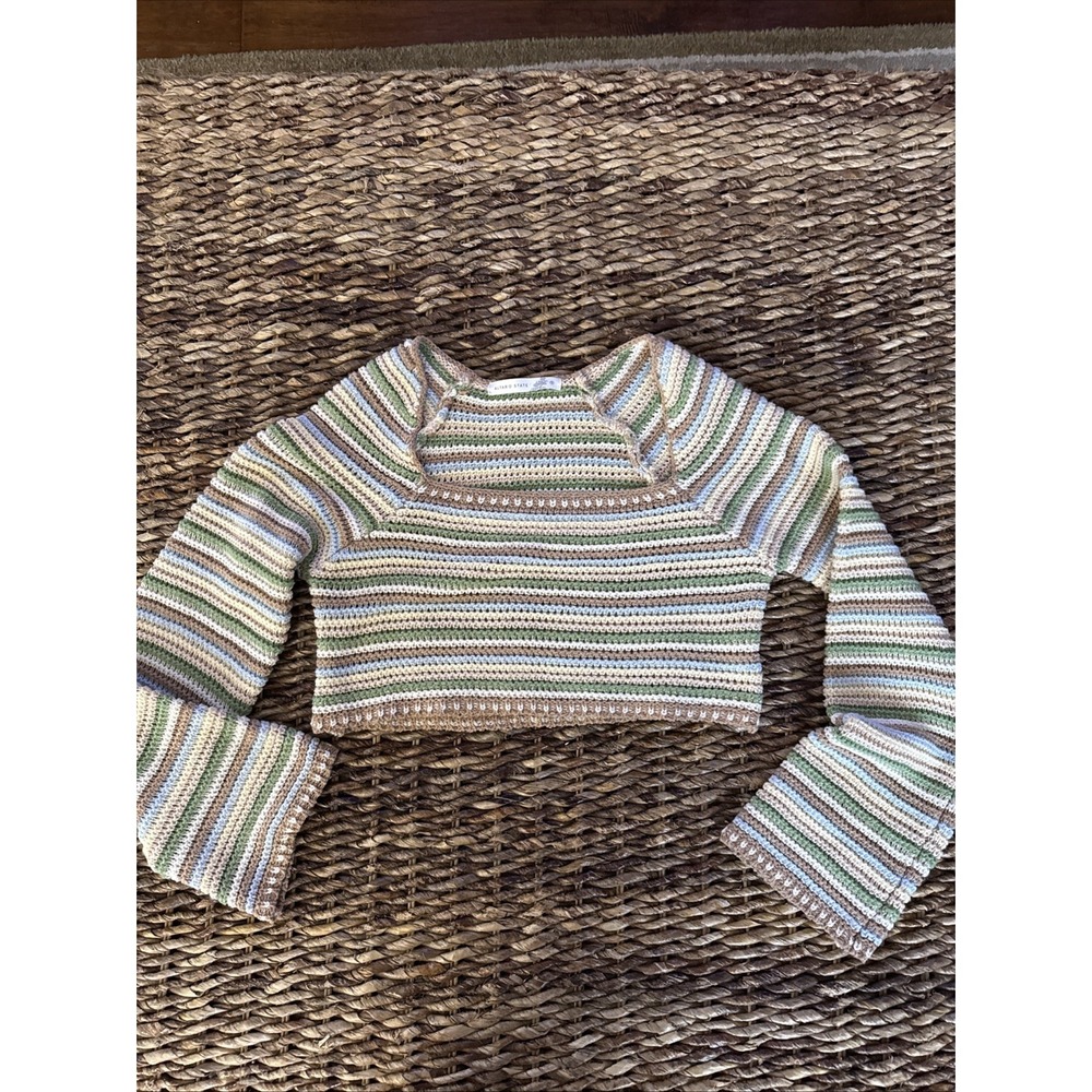 Altar'd State Alora Striped Crochet Cropped Sweater Womens Sz S Green Tan Square